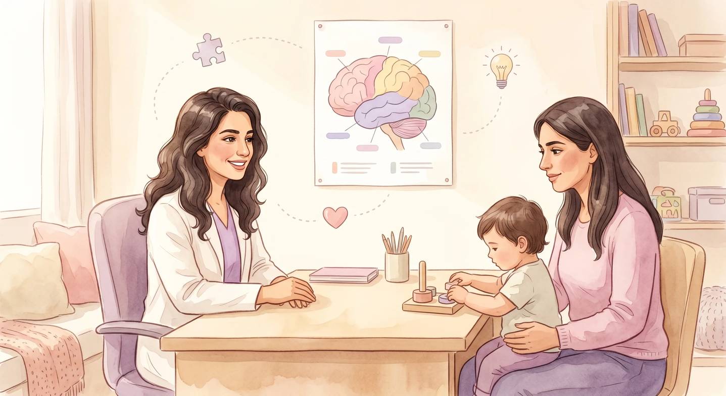 Çocuk gelişim uzmanı, ebeveyn ve çocukla görüşme yapıyor.
