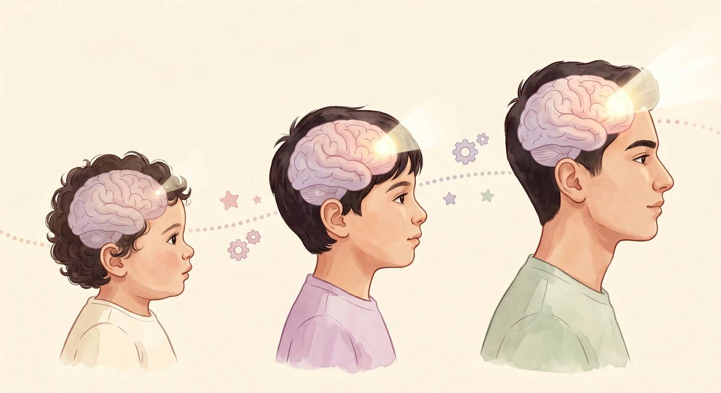 Yaşlara göre prefrontal korteks gelişimini gösteren bir illüstrasyon: çocuk büyüdükçe beyin bölgesinin ışıltısı artıyor.