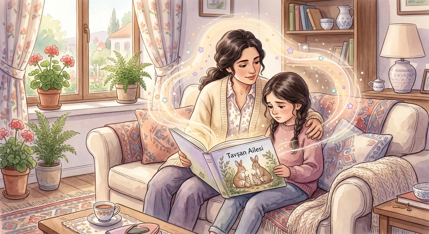 Anne ve kızı kanepede resimli bir kitaba bakıyor