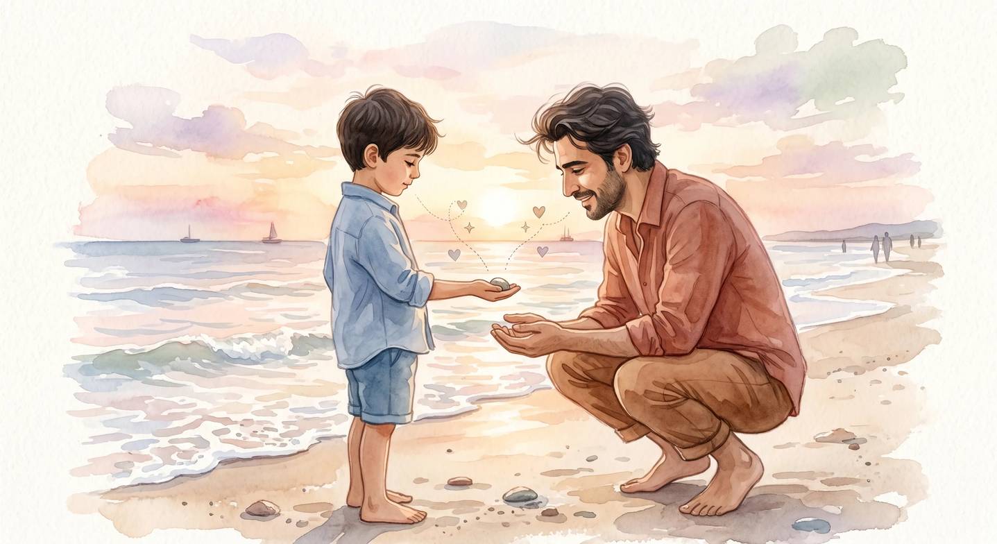Baba ve oğlu gün batımında sahilde yürüyor, iletişim halindeler