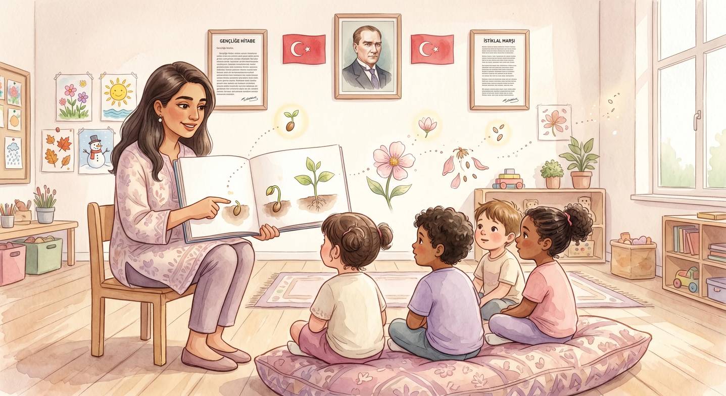 Öğretmen çocuklara doğa döngüsünü anlatan bir kitap okuyor