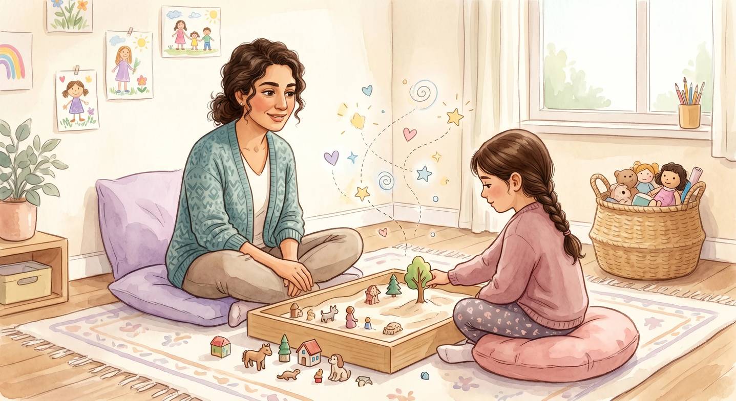 Terapist ve çocuk oyun terapisi odasında kum tepsisiyle çalışıyor